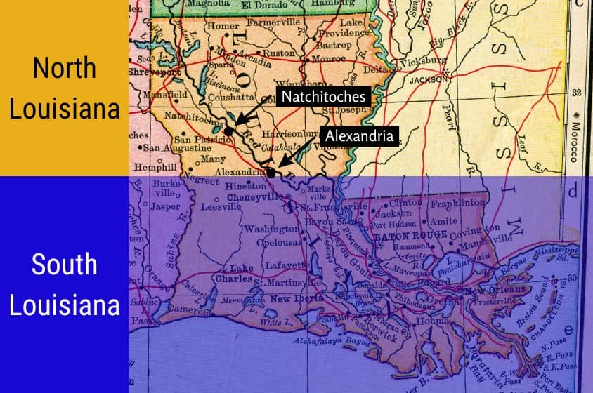Map of North Louisiana vs. South Louisiana